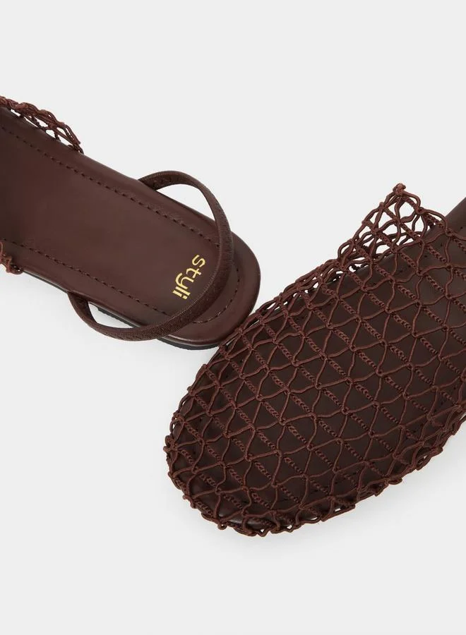 Styli Women Brown Crochet Flat Slingback Sandals